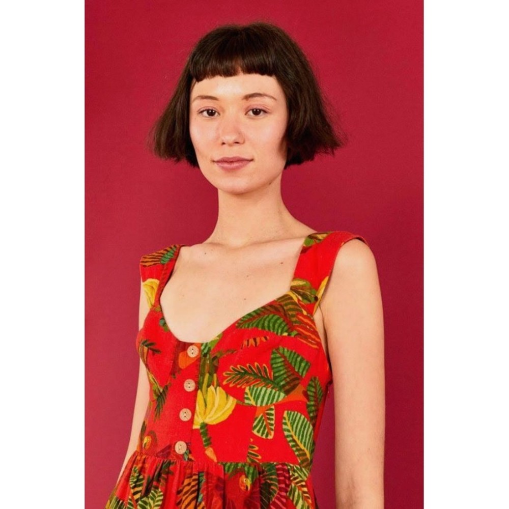 Farm Rio Red Forest Birds Mini Dress M Red Linen Blend Birds Tiered Hem Pockets - Picture 7 of 9